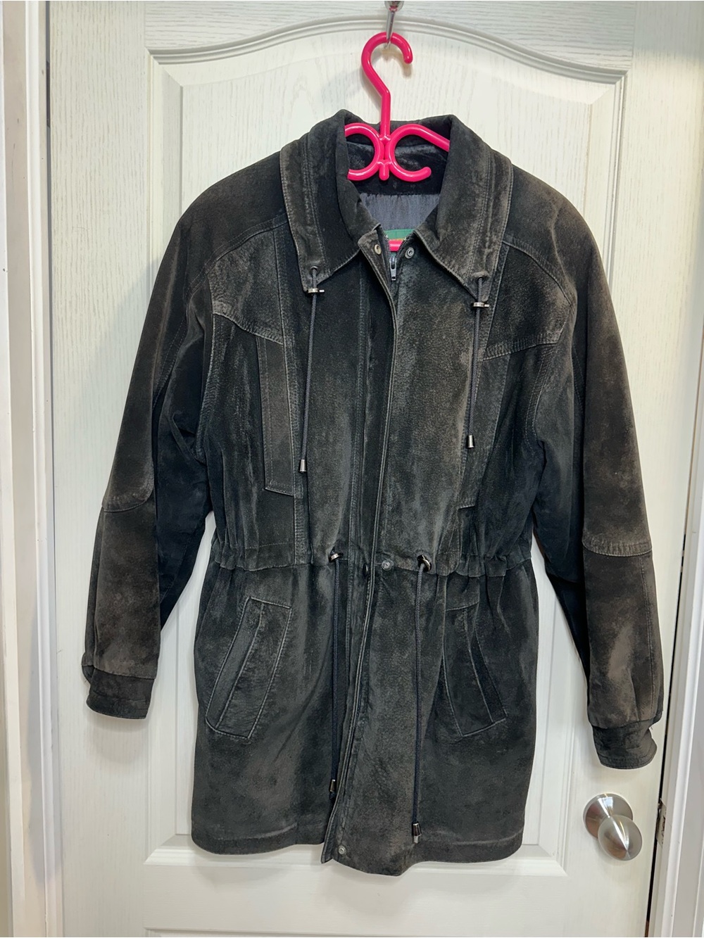 Dark Chocolate Brown Suede Drawstring Waist Insulated Coat sz S